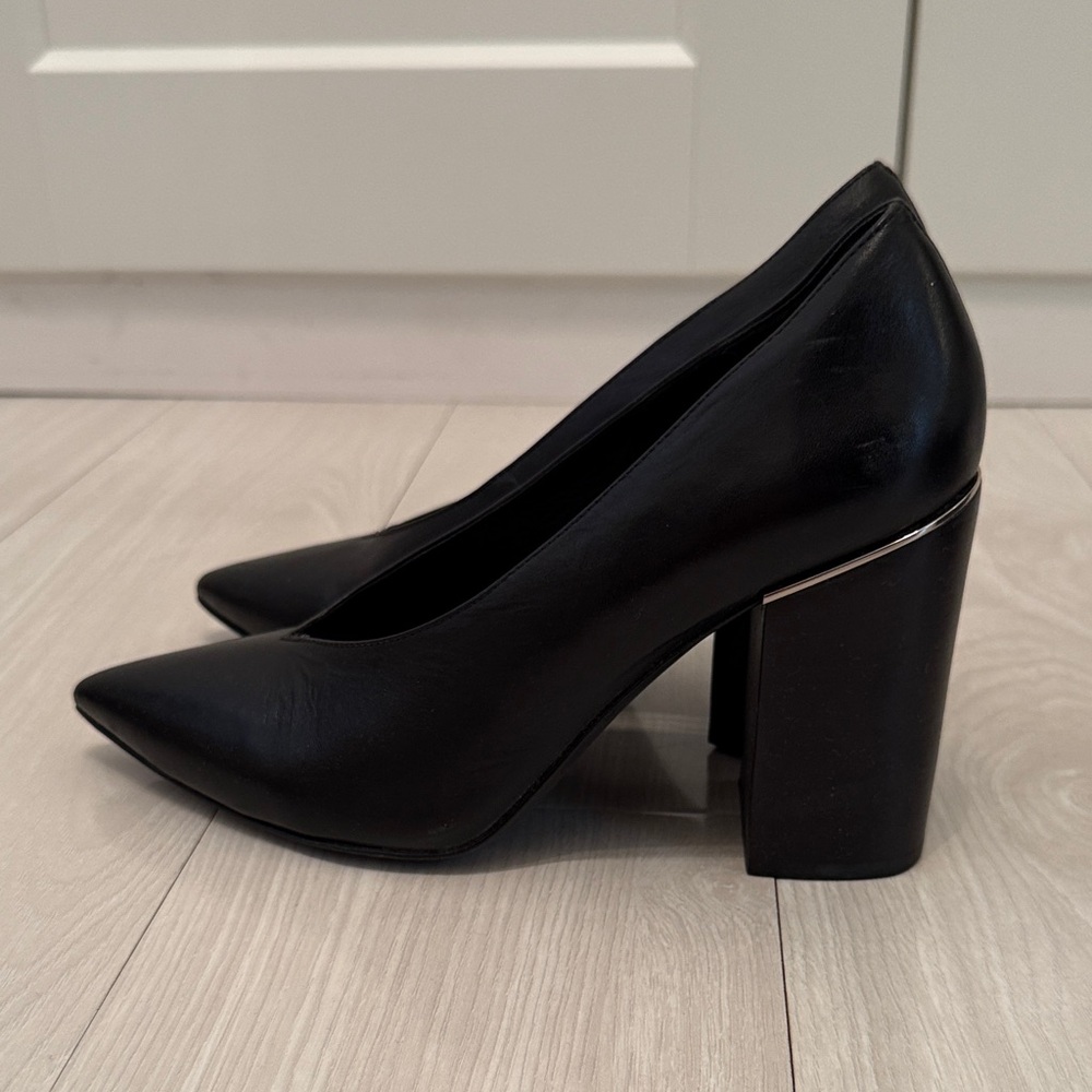 AllSaints XERXES Black Pointed Leather Block-Heel Pumps - Picture 2 of 6